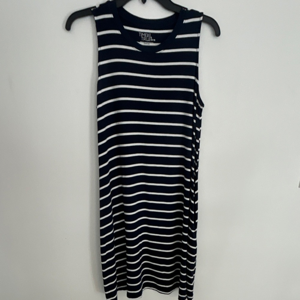 Time and Tru Striped Knit Shift Dress Crew Neck Sleeveless Pullover Navy White L